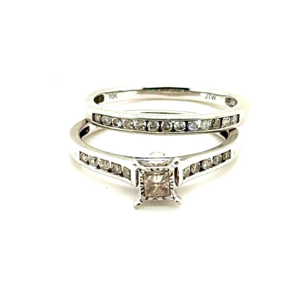 10k White Gold Princess Cut Diamond Bridal Wedding Ring Set Size 7 2.8g JTW
